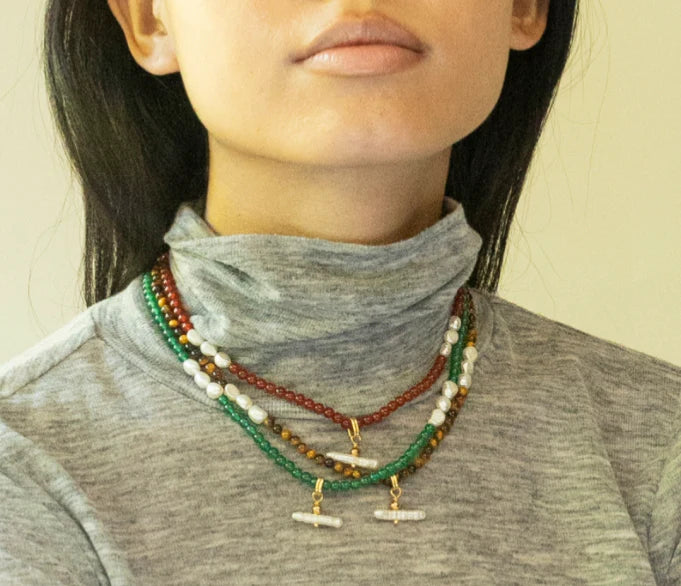 Pearl T Bar and Stone Necklace in Tiger Eye