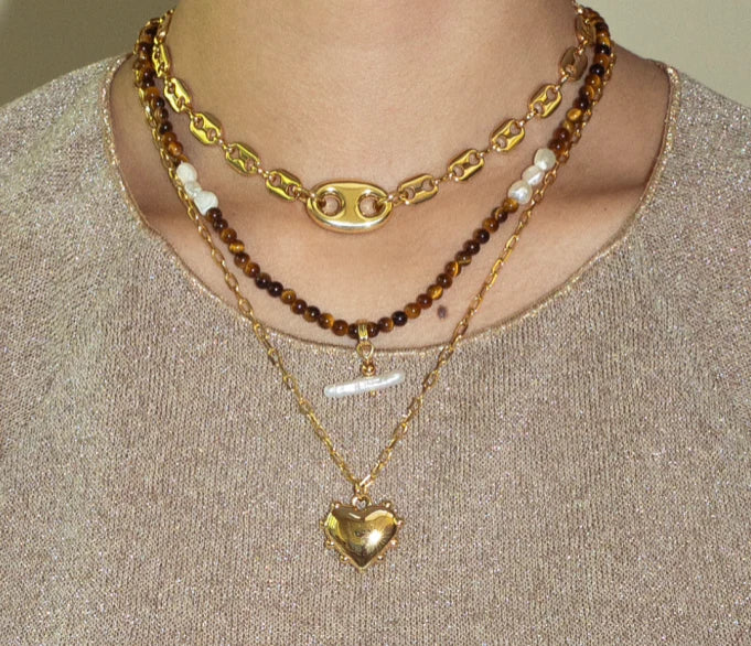 Pearl T Bar and Stone Necklace in Tiger Eye